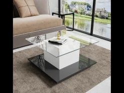 Mesa De Centro*DripeX Mesa de café quadrada giratória - com LEDs ajustáveis e rodízios de freio - Painel de vidro e partículas - branco e - 80x80x40cm Preto