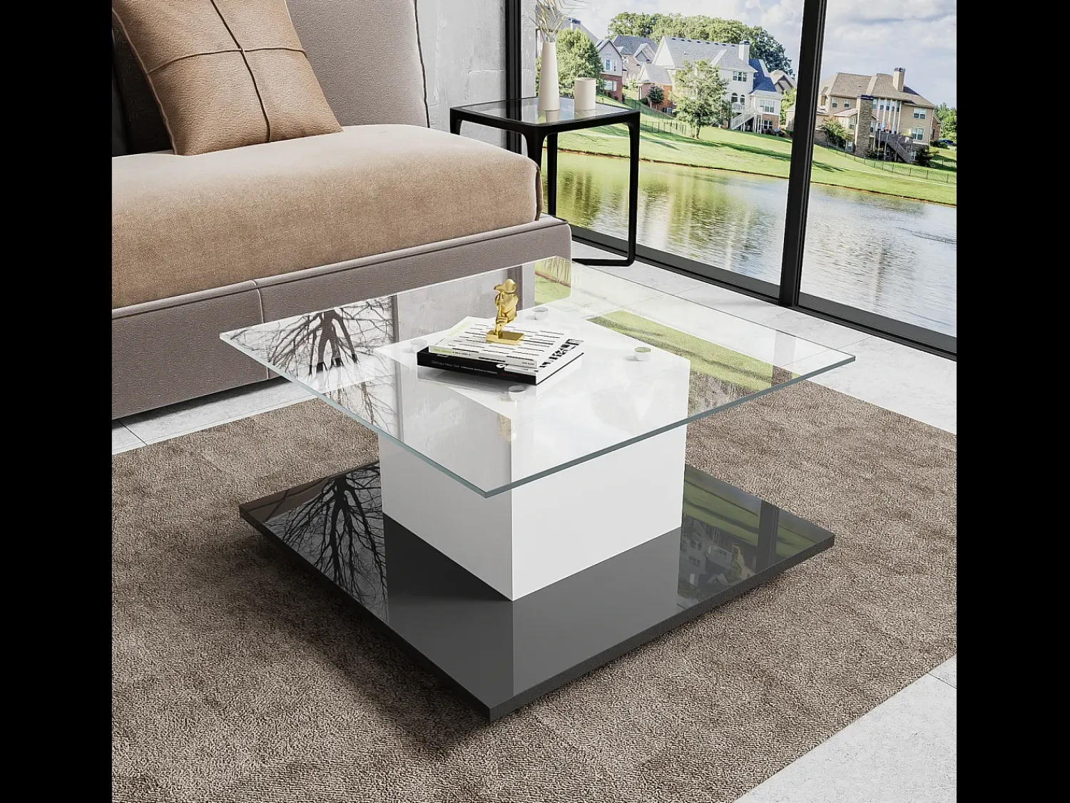 Mesa De Centro*DripeX Mesa de café quadrada giratória - com LEDs ajustáveis e rodízios de freio - Painel de vidro e partículas - branco e - 80x80x40cm Preto
