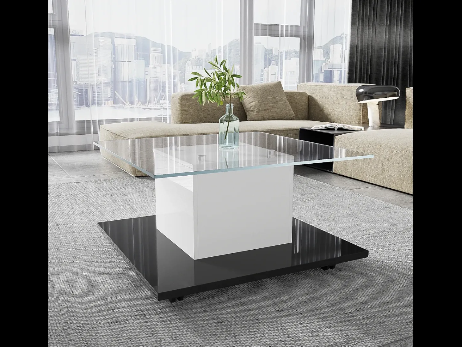 Mesa De Centro*DripeX Mesa de café quadrada giratória - com LEDs ajustáveis e rodízios de freio - Painel de vidro e partículas - branco e - 80x80x40cm Preto