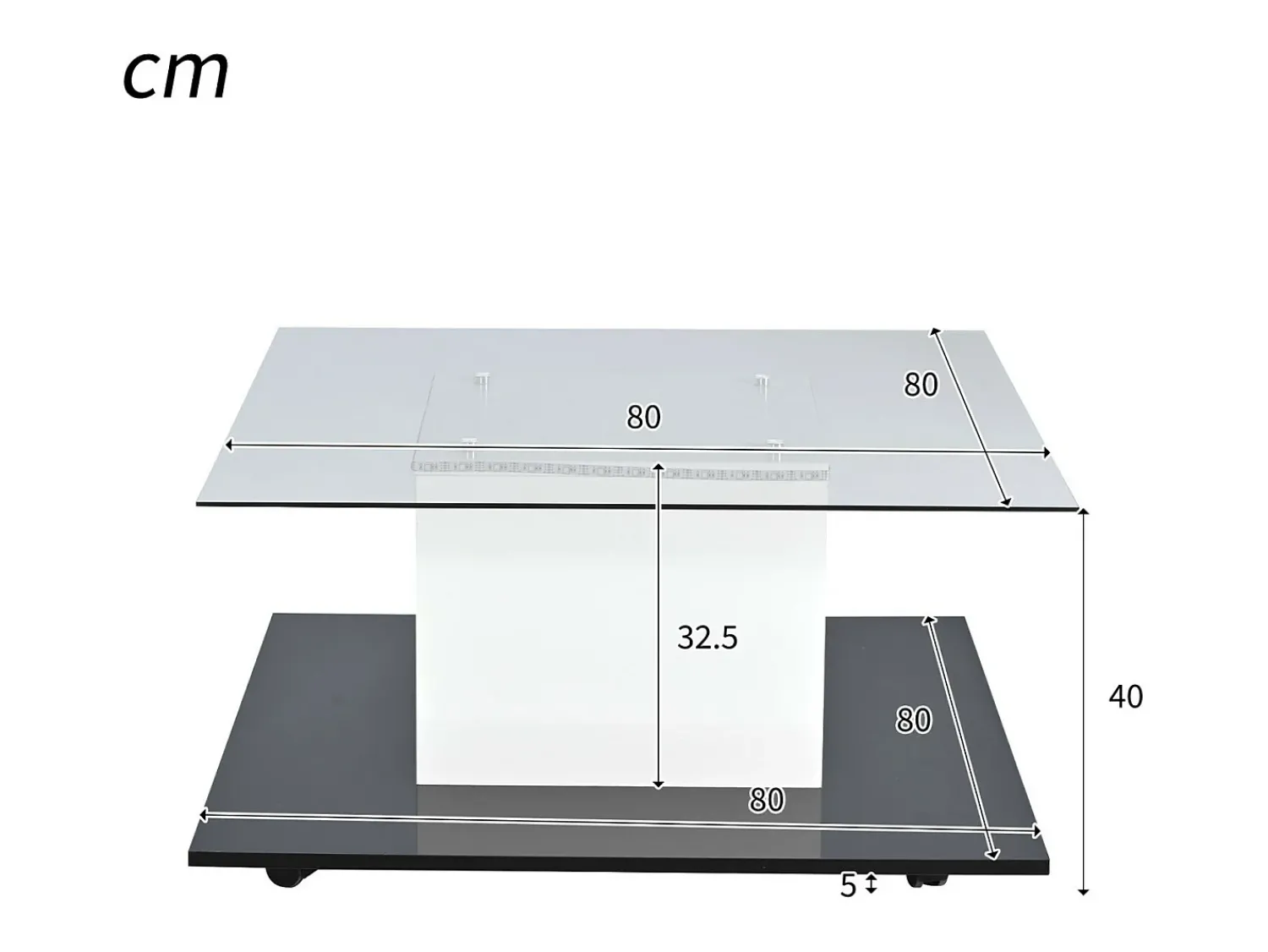 Mesa De Centro*DripeX Mesa de café quadrada giratória - com LEDs ajustáveis e rodízios de freio - Painel de vidro e partículas - branco e - 80x80x40cm Preto