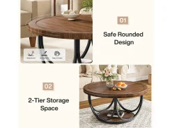 Mesa De Centro|Tribesigns Mesa de Café Redonda com 2 Andares, Mesa de Cocktail de Acento Circular de 80Cm com Prateleira de Armazenamento Castanho chocolate