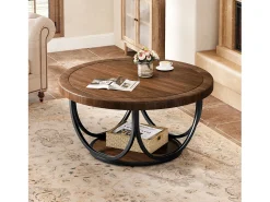 Mesa De Centro|Tribesigns Mesa de Café Redonda com 2 Andares, Mesa de Cocktail de Acento Circular de 80Cm com Prateleira de Armazenamento Castanho chocolate