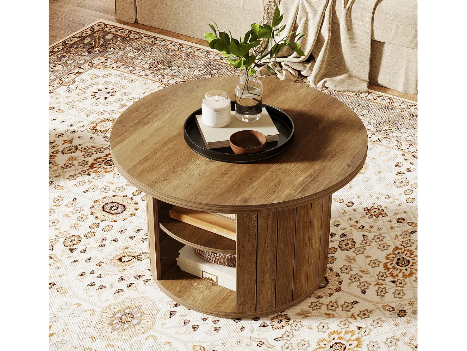 Clearance Tribesigns Mesa de café redonda com armazenamento, mesa central circular pequena de 80 cm para a sala de estar, marrom rústico Castanho