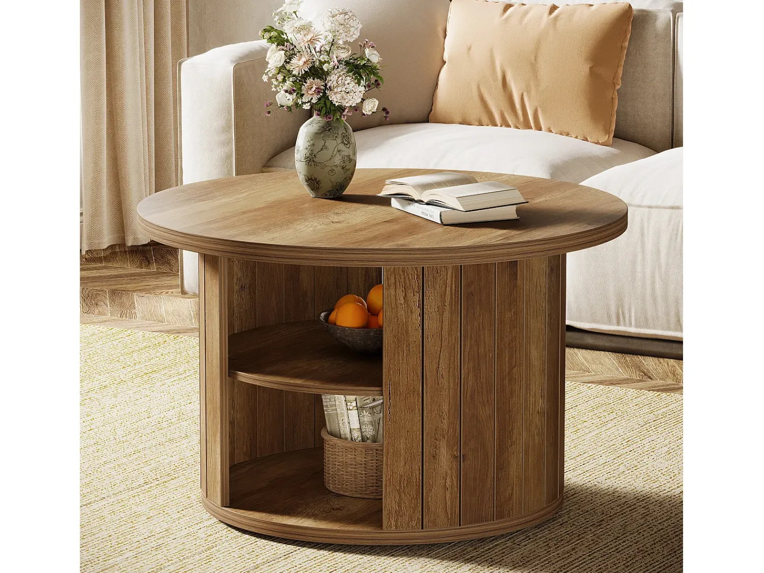 Clearance Tribesigns Mesa de café redonda com armazenamento, mesa central circular pequena de 80 cm para a sala de estar, marrom rústico Castanho