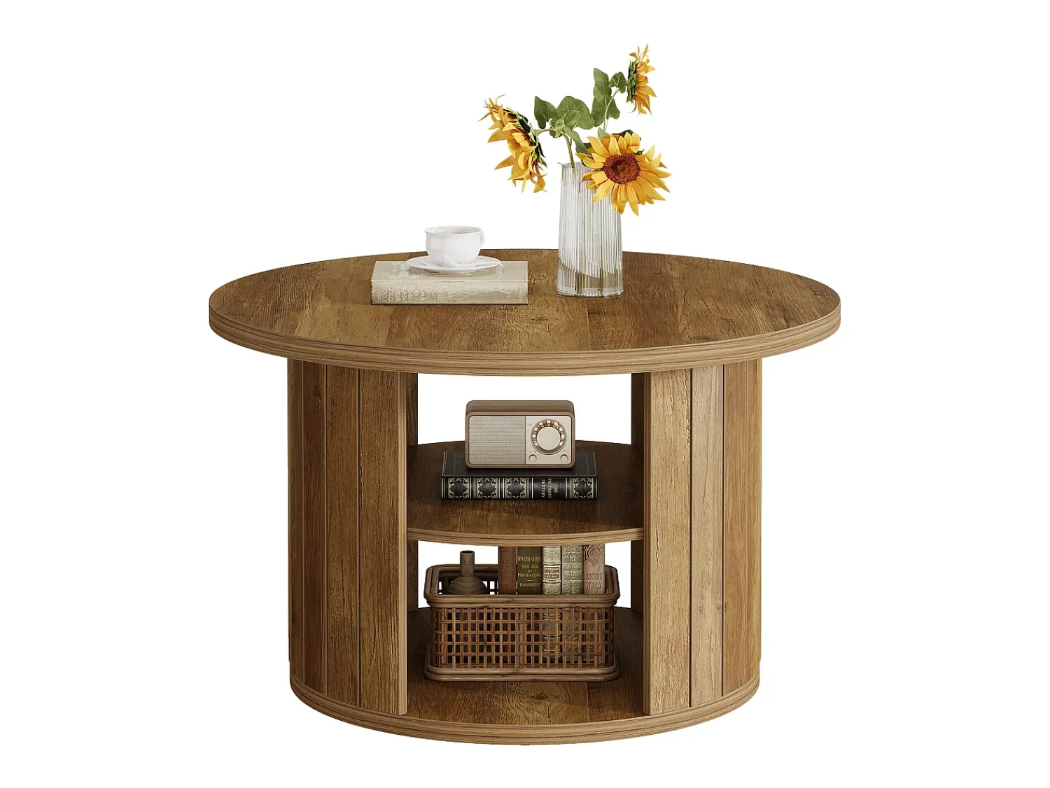 Clearance Tribesigns Mesa de café redonda com armazenamento, mesa central circular pequena de 80 cm para a sala de estar, marrom rústico Castanho