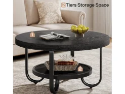 Mesa De Centro|Tribesigns Mesa de Café Redonda de 2 Camadas com Prateleira de Armazenamento para Sala de Estar, Preta Preto