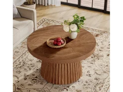 Mesa De Centro|Tribesigns Mesa de café redonda de 80 cm com base de tambor estriado no estilo caseiro pequeno Castanho