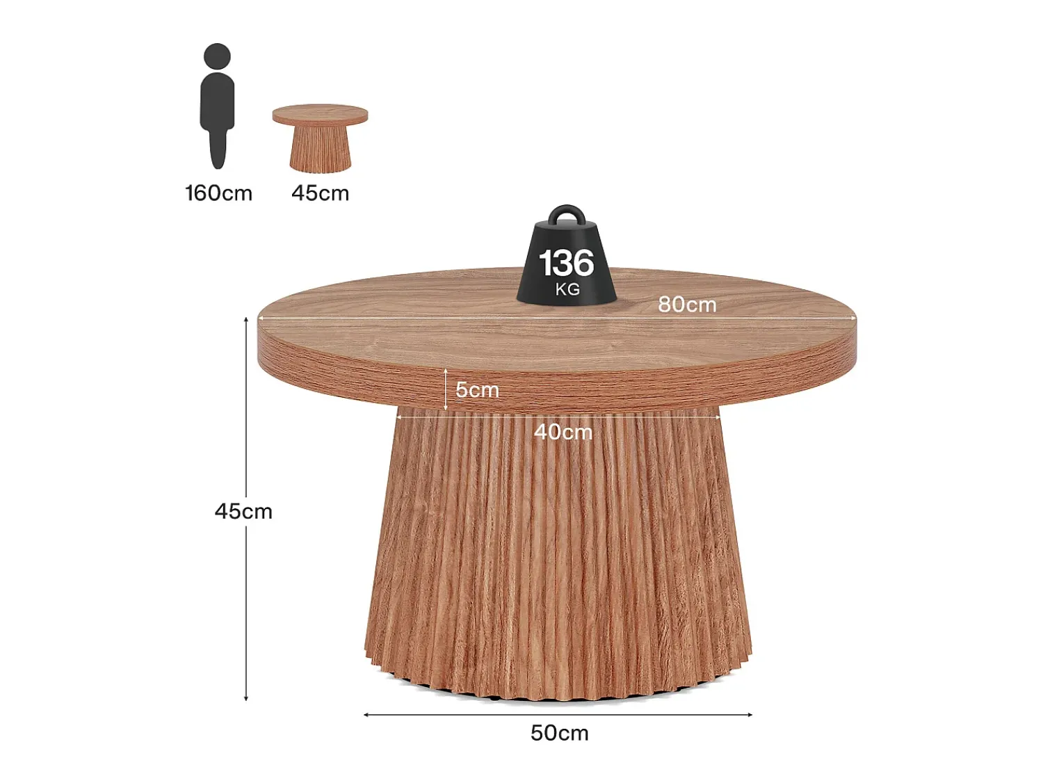 Mesa De Centro|Tribesigns Mesa de café redonda de 80 cm com base de tambor estriado no estilo caseiro pequeno Castanho
