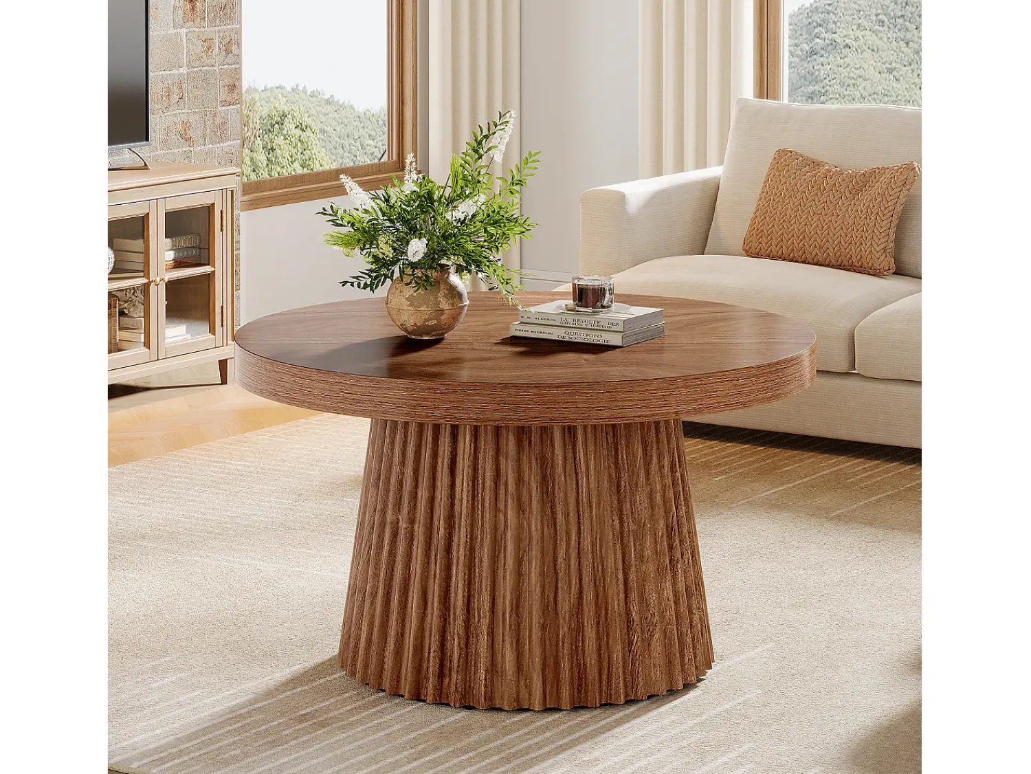 Mesa De Centro|Tribesigns Mesa de café redonda de 80 cm com base de tambor estriado no estilo caseiro pequeno Castanho