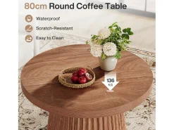 Mesa De Centro|Tribesigns Mesa de café redonda de 80 cm com base de tambor estriado no estilo caseiro pequeno Castanho