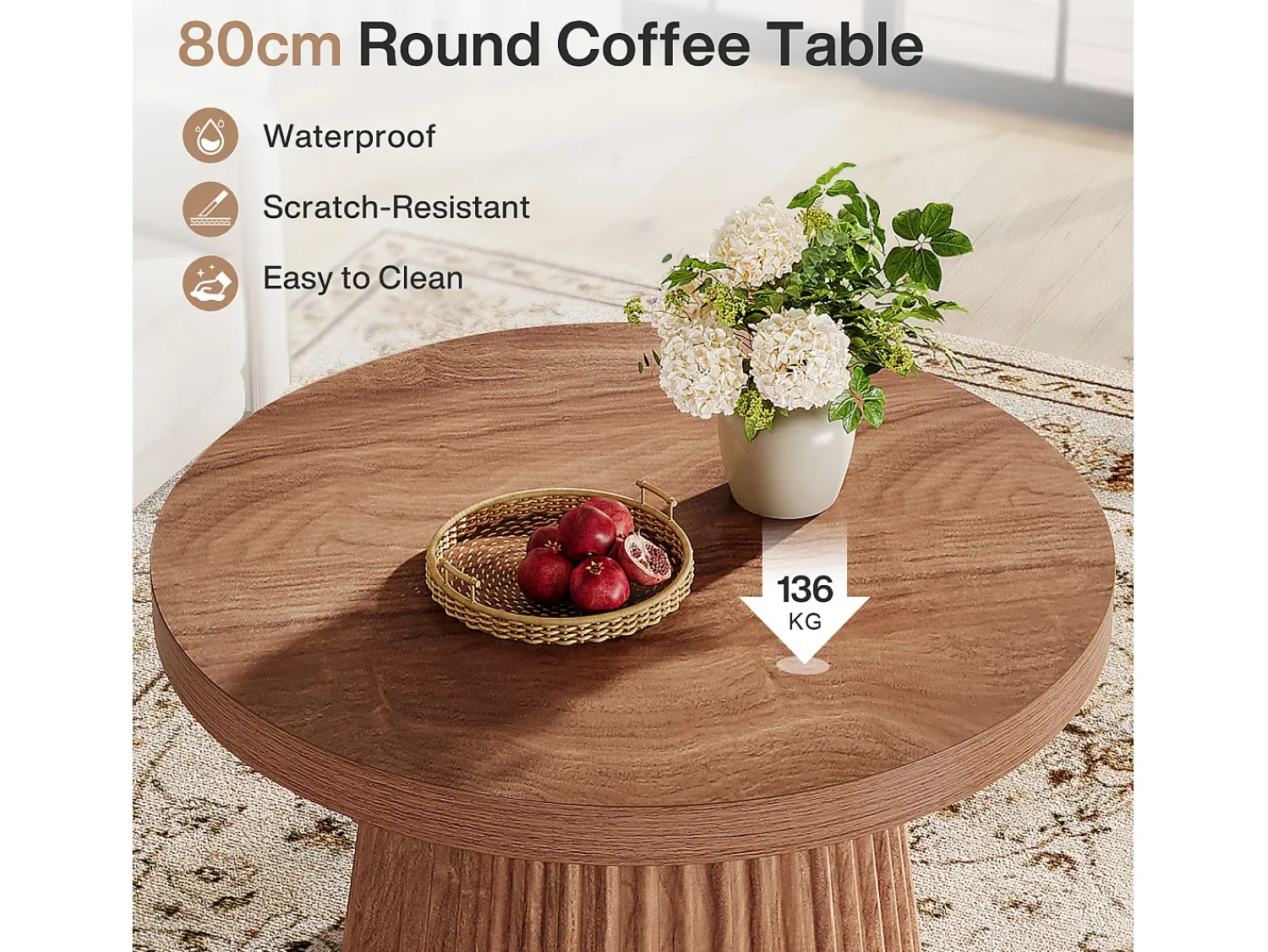 Mesa De Centro|Tribesigns Mesa de café redonda de 80 cm com base de tambor estriado no estilo caseiro pequeno Castanho