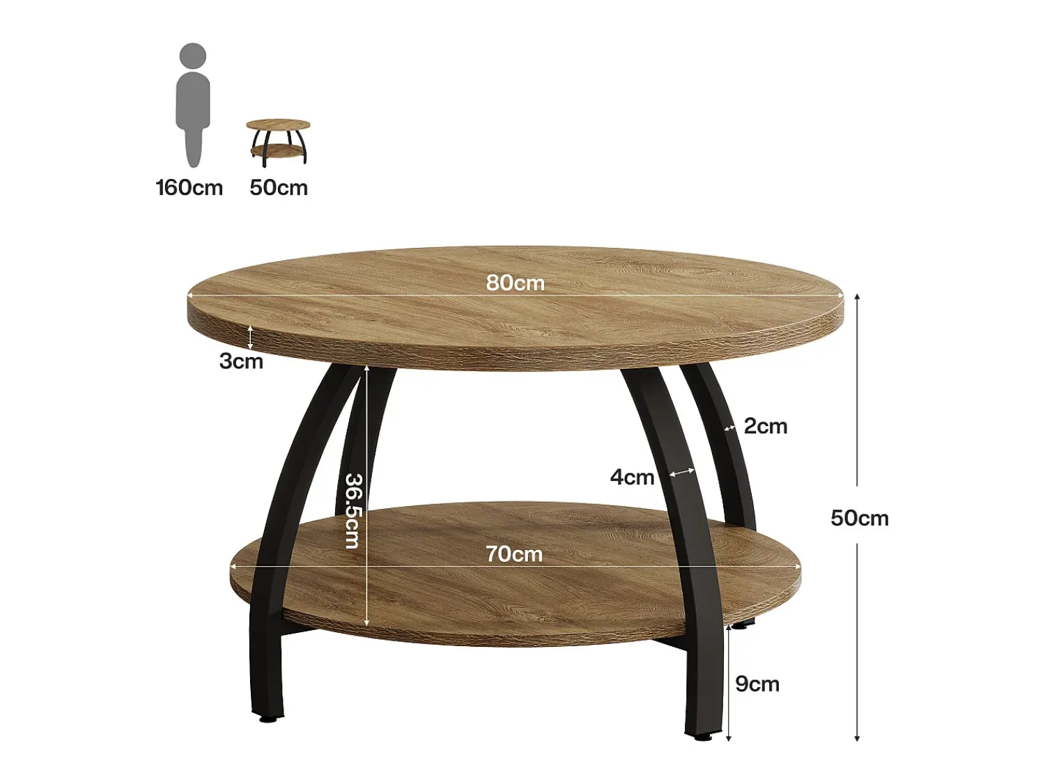 Mesa De Centro*Tribesigns Mesa de Café Redonda de 80cm com Prateleiras de Armazenamento de 2 Andares, Mesa de Centro Pequena Rustica de Destaque Castanho