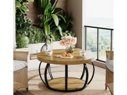 Mesa De Centro|Tribesigns Mesa de Café Redonda, Mesa de Café Circular de 2 Andares com Prateleiras de Armazenamento, Mesa de Centro Moderna de Acento de Madeira Mesa Lateral de Sofá Castanho