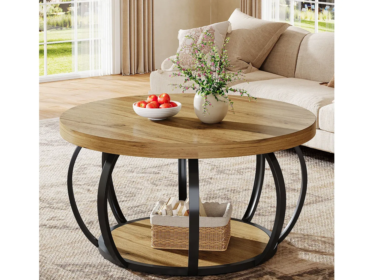 Mesa De Centro|Tribesigns Mesa de Café Redonda, Mesa de Café Circular de 2 Andares com Prateleiras de Armazenamento, Mesa de Centro Moderna de Acento de Madeira Mesa Lateral de Sofá Castanho