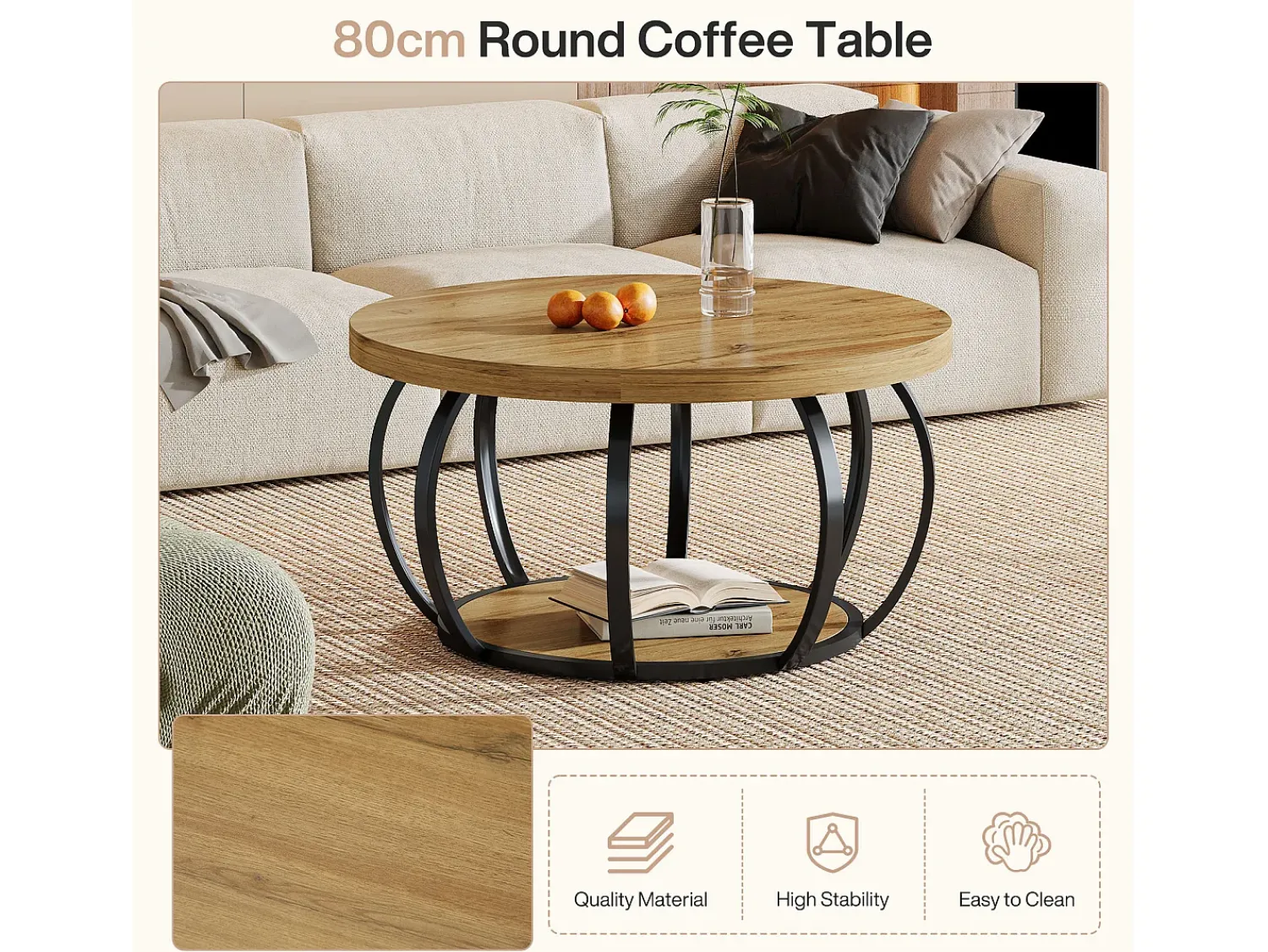 Mesa De Centro|Tribesigns Mesa de Café Redonda, Mesa de Café Circular de 2 Andares com Prateleiras de Armazenamento, Mesa de Centro Moderna de Acento de Madeira Mesa Lateral de Sofá Castanho
