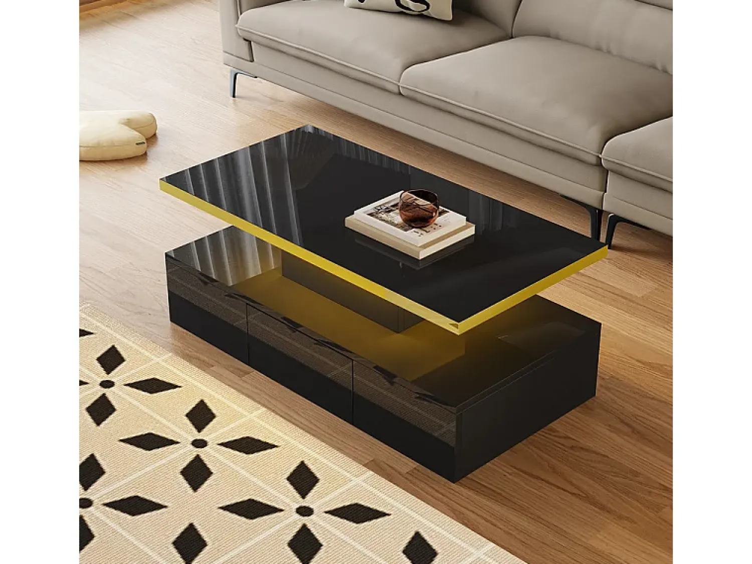Online DripeX Mesa de café retangular com 1 gaveta e LED, 2 níveis de armazenamento, 100x50x39cm, Preto