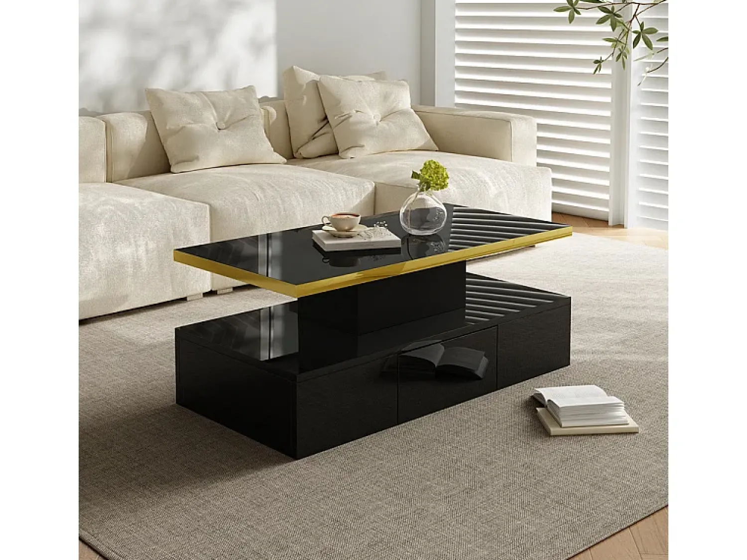 Online DripeX Mesa de café retangular com 1 gaveta e LED, 2 níveis de armazenamento, 100x50x39cm, Preto