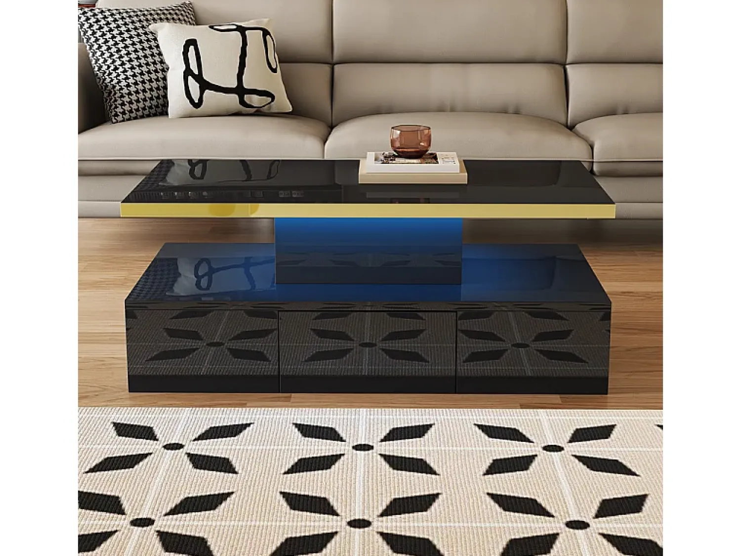 Online DripeX Mesa de café retangular com 1 gaveta e LED, 2 níveis de armazenamento, 100x50x39cm, Preto