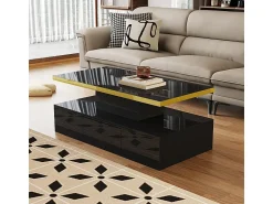 Online DripeX Mesa de café retangular com 1 gaveta e LED, 2 níveis de armazenamento, 100x50x39cm, Preto