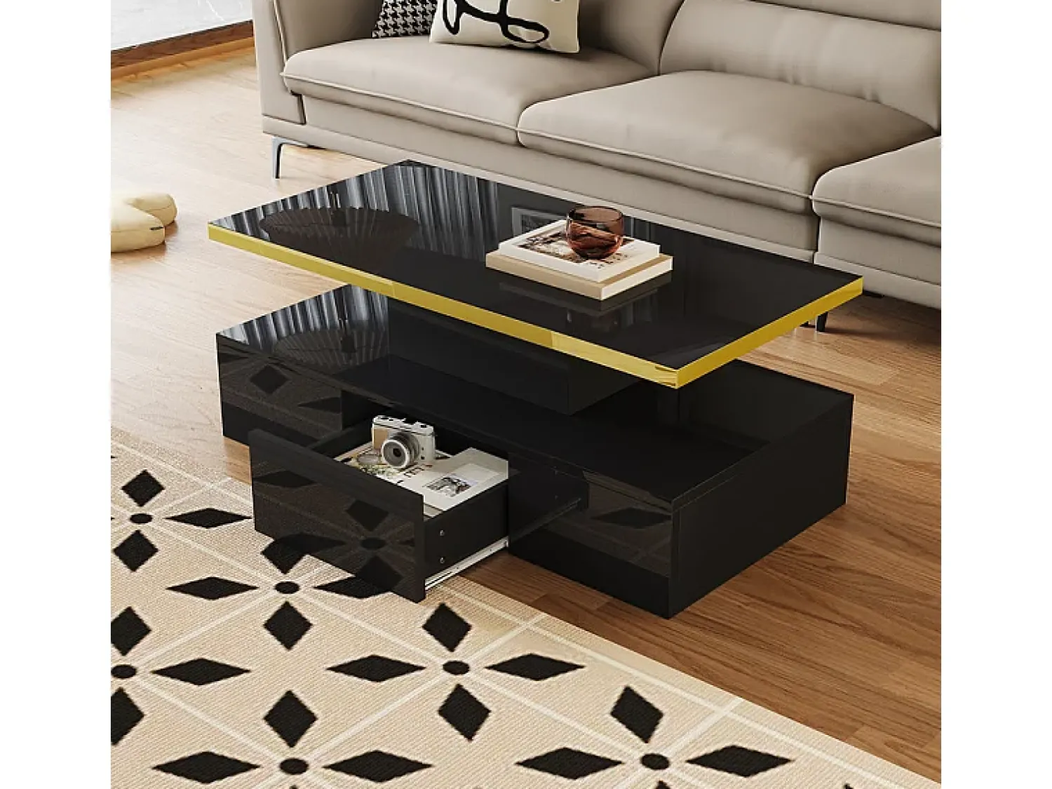Online DripeX Mesa de café retangular com 1 gaveta e LED, 2 níveis de armazenamento, 100x50x39cm, Preto
