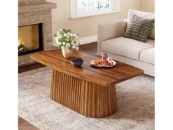 Mesa De Centro*Tribesigns Mesa de Café Retangular, Mesa de Centro Decorativa Rustica de 120cm com Base Plissada Castanho