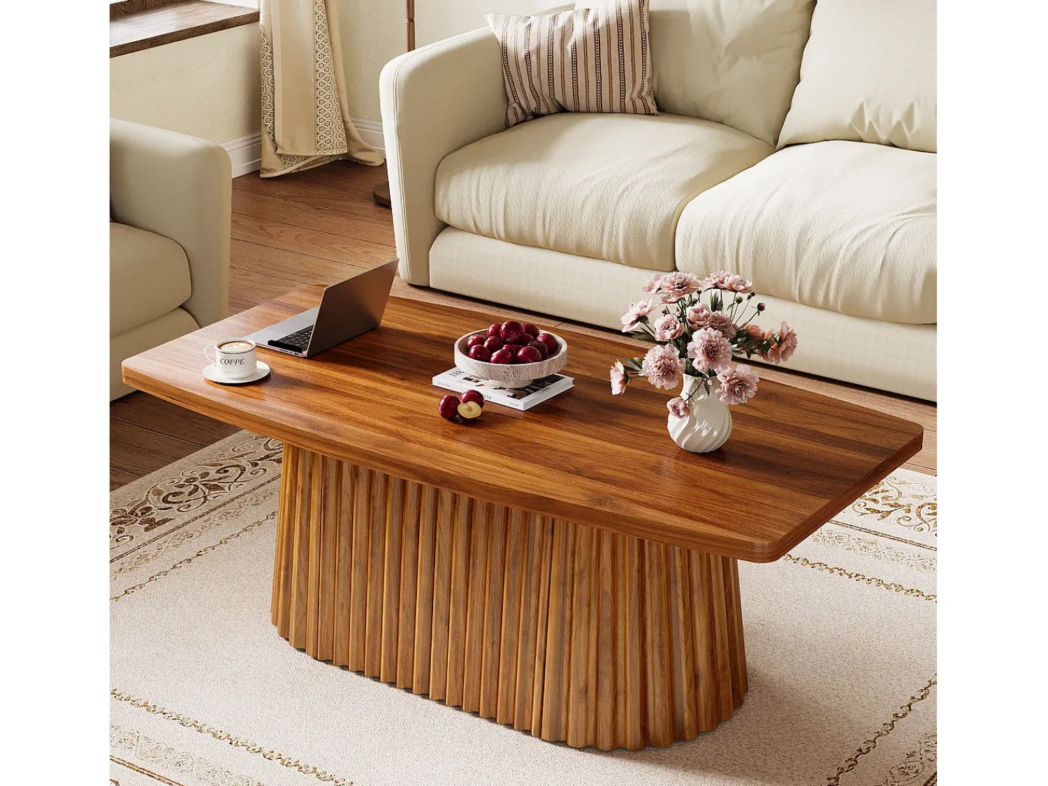Mesa De Centro*Tribesigns Mesa de Café Retangular, Mesa de Centro Decorativa Rustica de 120cm com Base Plissada Castanho