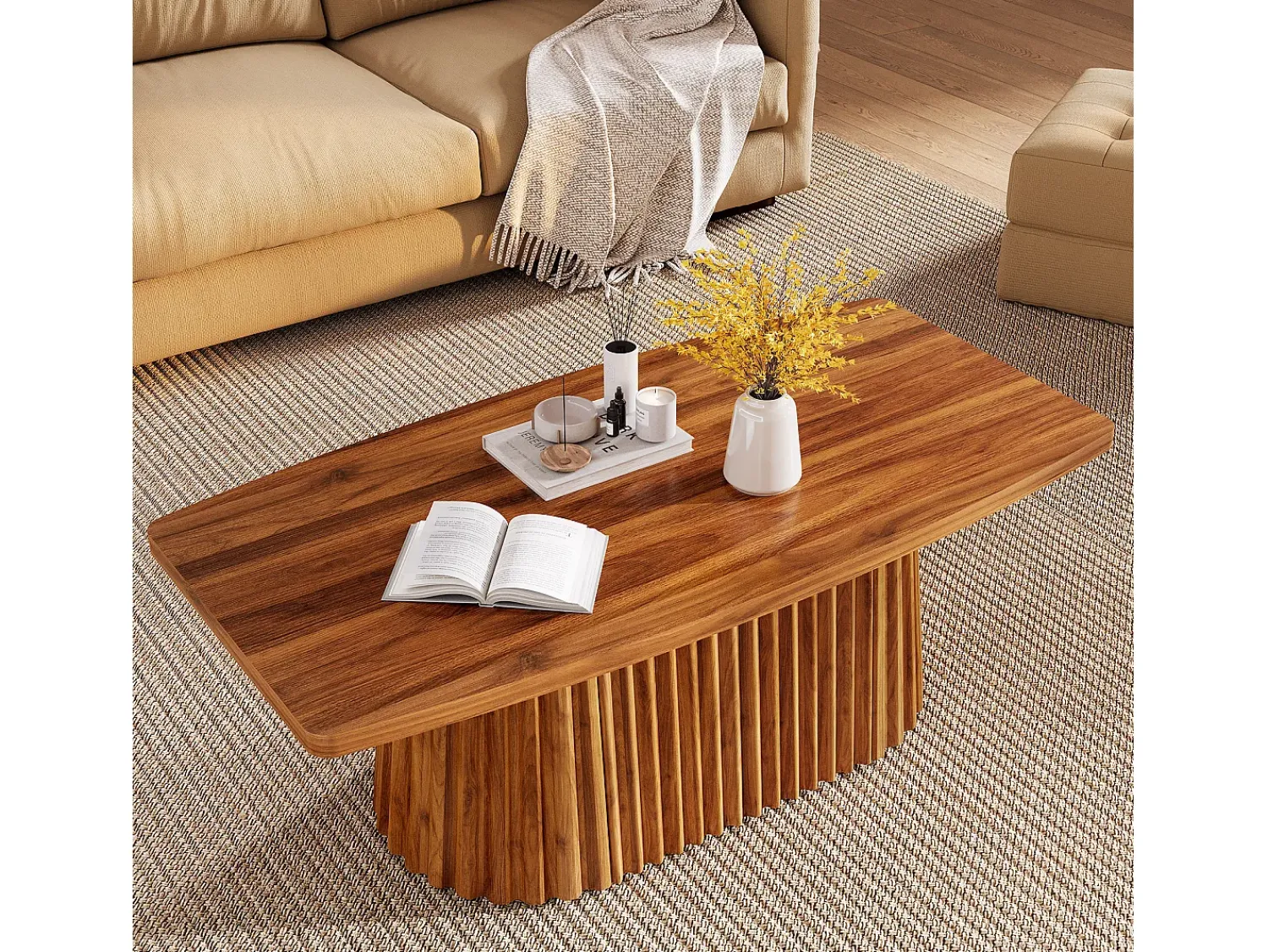 Mesa De Centro*Tribesigns Mesa de Café Retangular, Mesa de Centro Decorativa Rustica de 120cm com Base Plissada Castanho