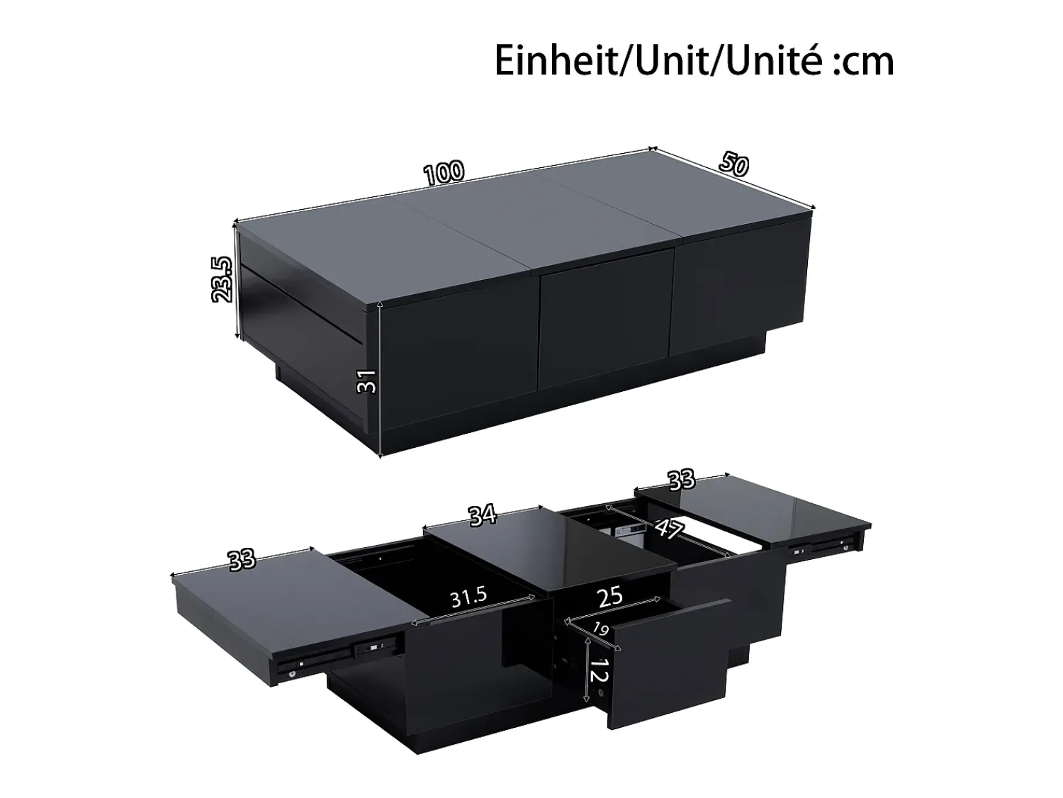 Mesa De Centro|ModernLuxe Mesa de café 100x31x50 cm - com 2 gavetas - Acabamento brilhante - Painéis de partículas - Preto