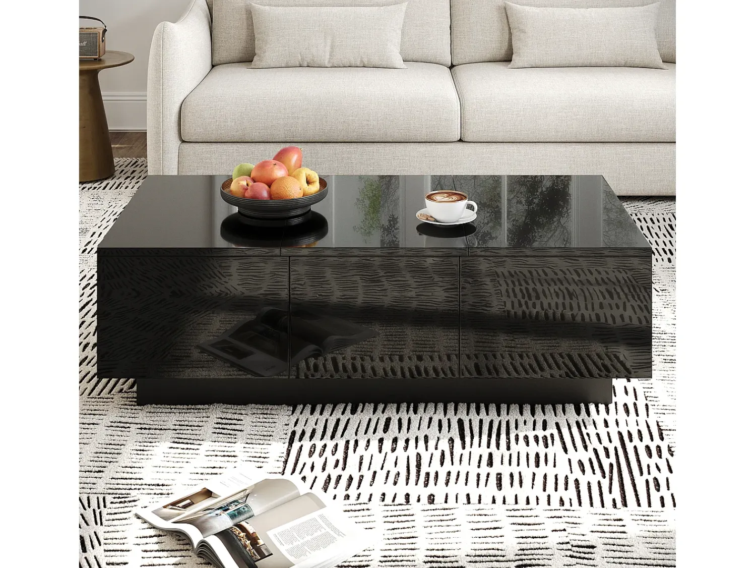 Mesa De Centro|ModernLuxe Mesa de café 100x31x50 cm - com 2 gavetas - Acabamento brilhante - Painéis de partículas - Preto