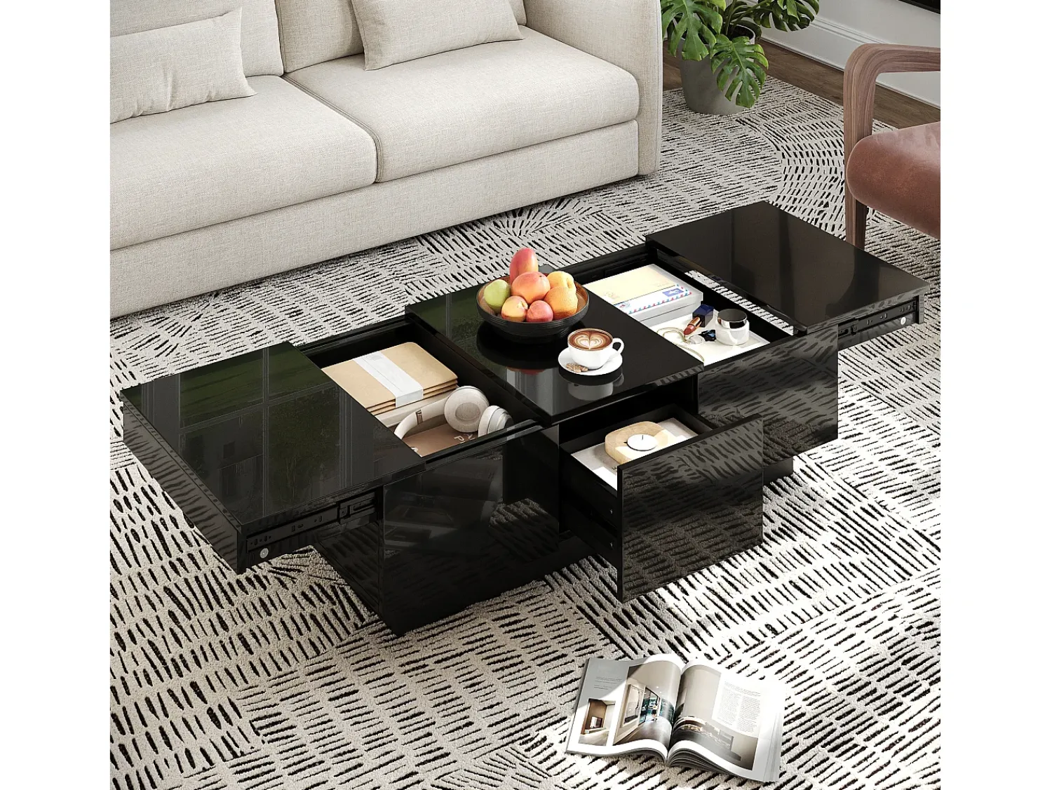 Mesa De Centro|ModernLuxe Mesa de café 100x31x50 cm - com 2 gavetas - Acabamento brilhante - Painéis de partículas - Preto