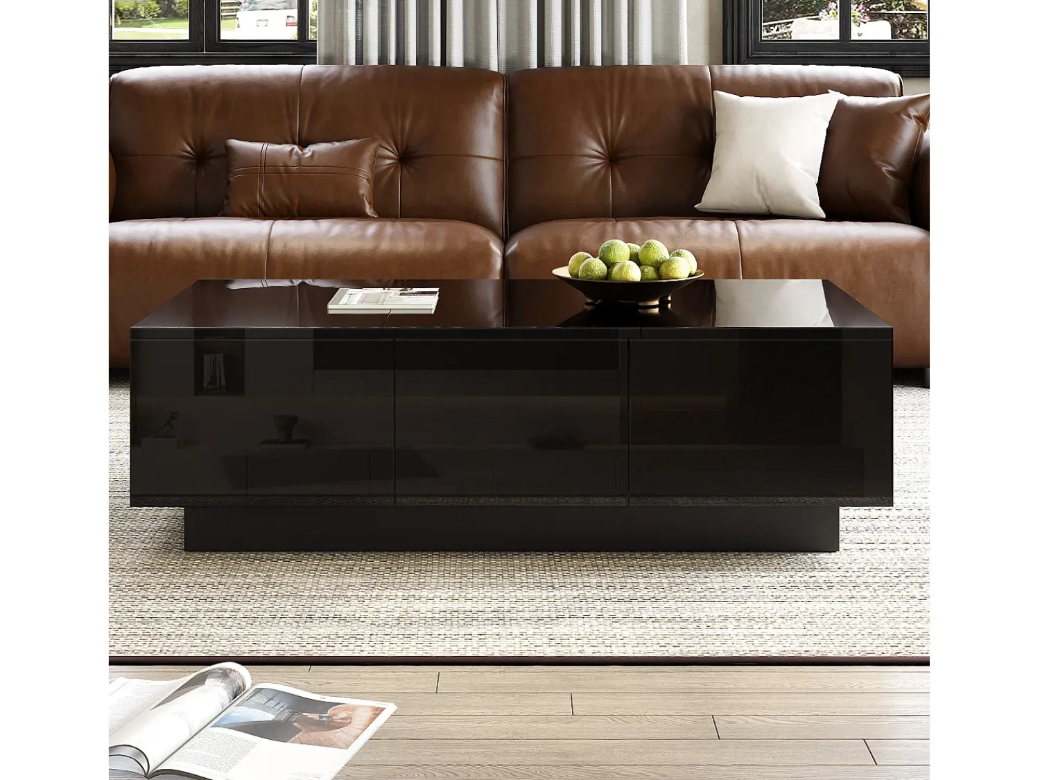 Mesa De Centro|ModernLuxe Mesa de café 100x31x50 cm - com 2 gavetas - Acabamento brilhante - Painéis de partículas - Preto