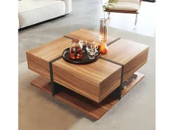 New ModernLuxe Mesa de centro - 4 gavetas - espaço de arrumação na parte inferior - 78x78x36cm - Natural Natural escuro