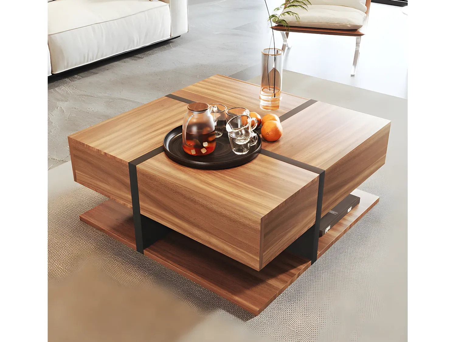 New ModernLuxe Mesa de centro - 4 gavetas - espaço de arrumação na parte inferior - 78x78x36cm - Natural Natural escuro