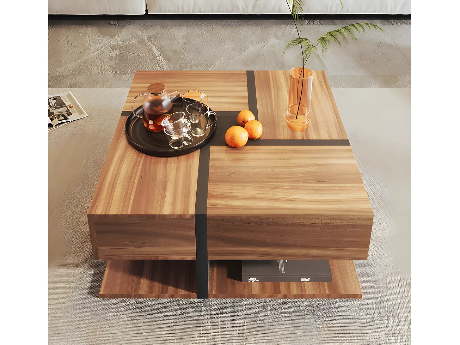 New ModernLuxe Mesa de centro - 4 gavetas - espaço de arrumação na parte inferior - 78x78x36cm - Natural Natural escuro