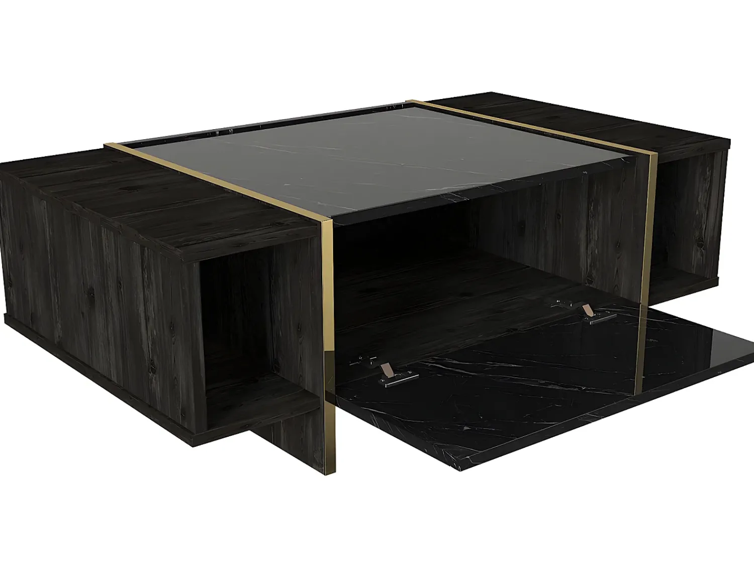 Vente-unique Mesa de centro - 1 porta e 2 nichos - Efeito mármore preto e dourado - CADEBA^ Mesa De Centro