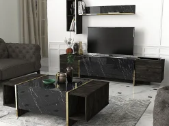 Vente-unique Mesa de centro - 1 porta e 2 nichos - Efeito mármore preto e dourado - CADEBA^ Mesa De Centro
