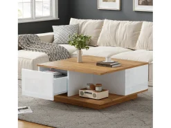 ModernLuxe Mesa de centro 70×70×31,5 cm - com 3 gavetas - tampo quadrado - painel de partículas - branco + natural^ Mesa De Centro