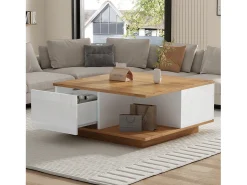ModernLuxe Mesa de centro 70×70×31,5 cm - com 3 gavetas - tampo quadrado - painel de partículas - branco + natural^ Mesa De Centro