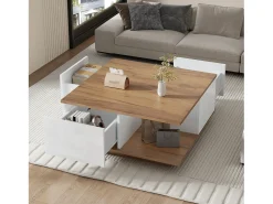 ModernLuxe Mesa de centro 70×70×31,5 cm - com 3 gavetas - tampo quadrado - painel de partículas - branco + natural^ Mesa De Centro