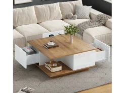 ModernLuxe Mesa de centro 70×70×31,5 cm - com 3 gavetas - tampo quadrado - painel de partículas - branco + natural^ Mesa De Centro