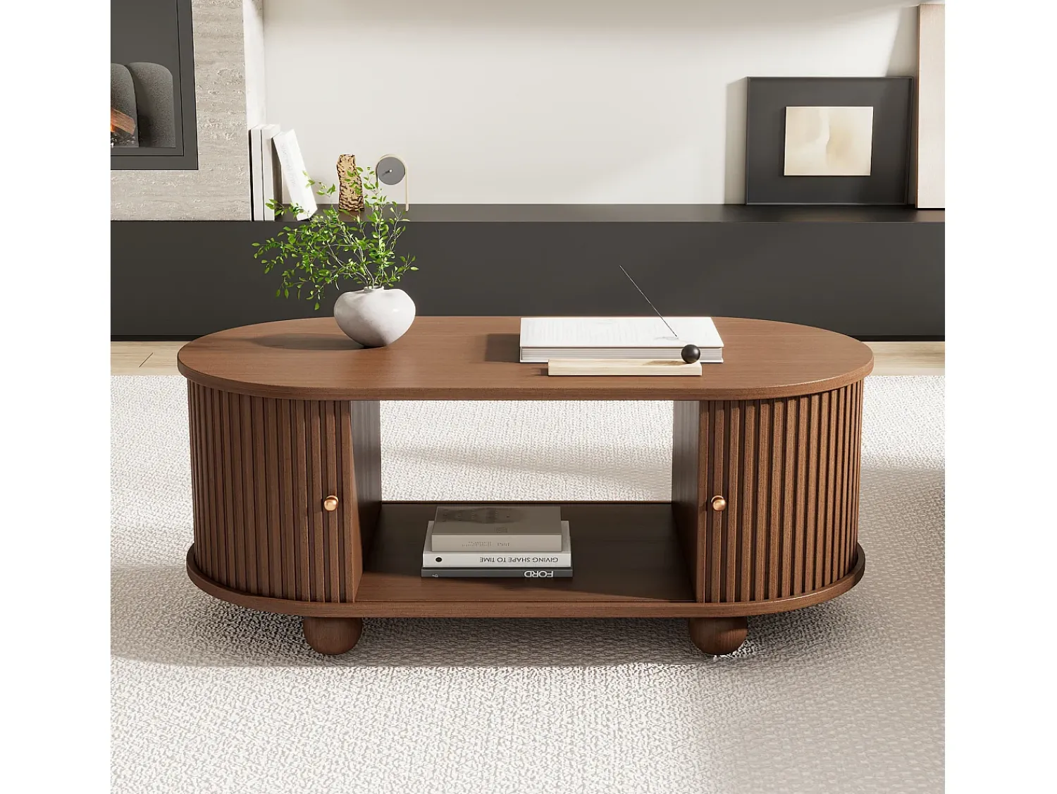 ModernLuxe Mesa de centro 100×50×40 cm - com 2 portas de correr - compartimento de armazenamento - marrom^ Mesa De Centro