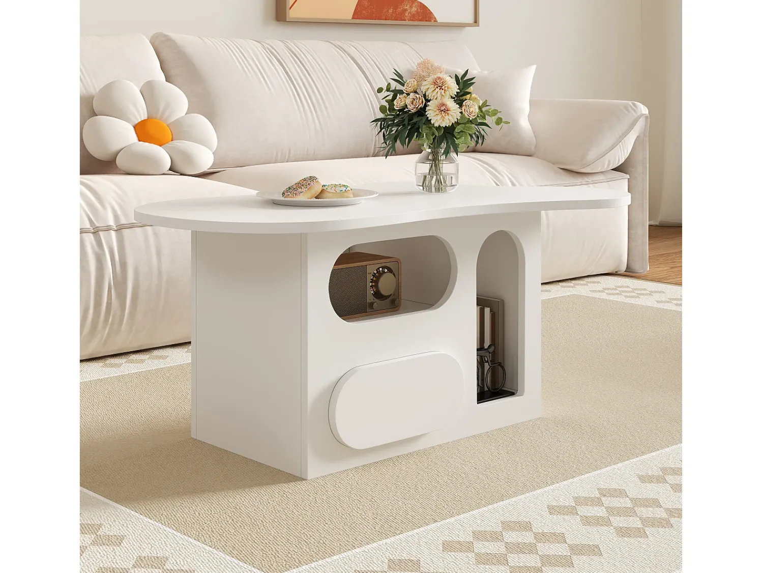 Discount ModernLuxe Mesa de centro 97×45×43,5 cm - com compartimento de armazenamento aberto - com 1 gaveta - Branco