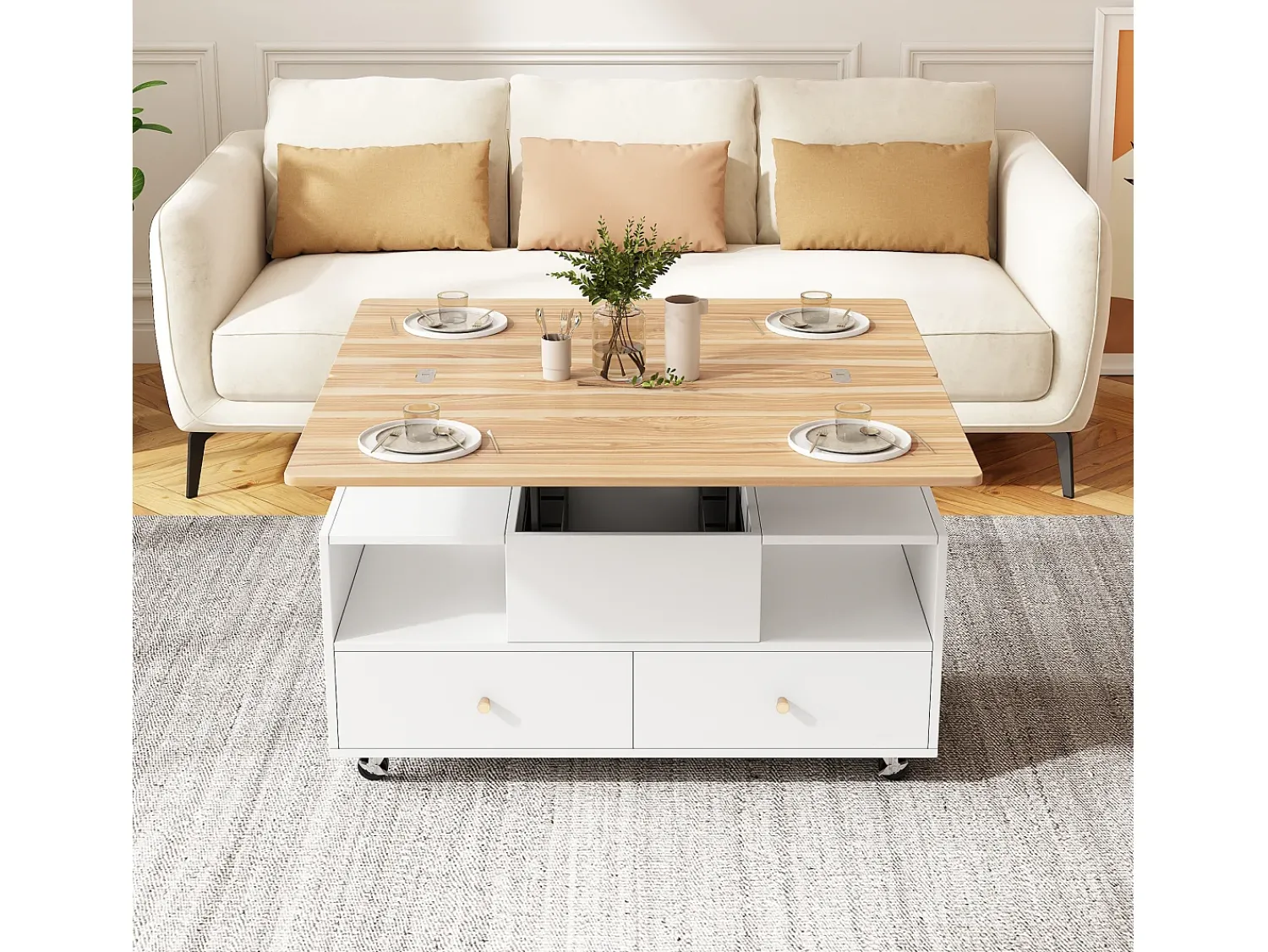 Mesa De Centro|ModernLuxe Mesa de centro 100×50×47.5 cm - com função dobrável - 4 gavetas - com rodinhas giratórias - branco + natural Natural claro / Branco