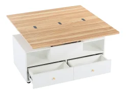 Mesa De Centro|ModernLuxe Mesa de centro 100×50×47.5 cm - com função dobrável - 4 gavetas - com rodinhas giratórias - branco + natural Natural claro / Branco