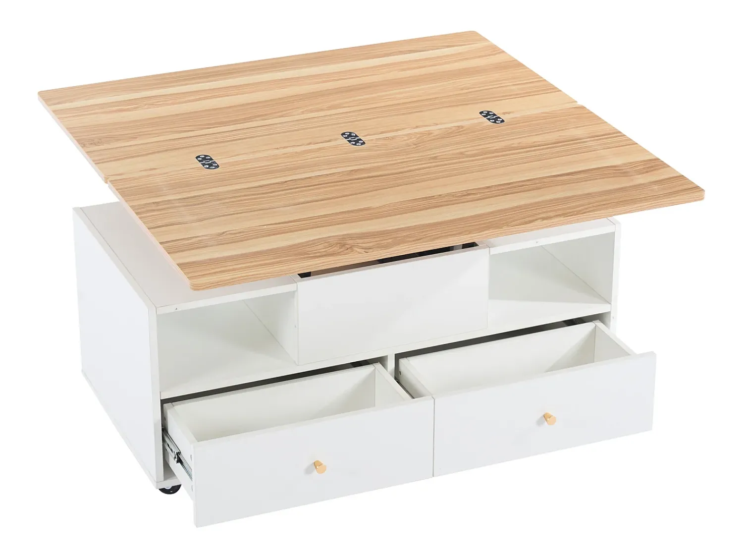Mesa De Centro|ModernLuxe Mesa de centro 100×50×47.5 cm - com função dobrável - 4 gavetas - com rodinhas giratórias - branco + natural Natural claro / Branco