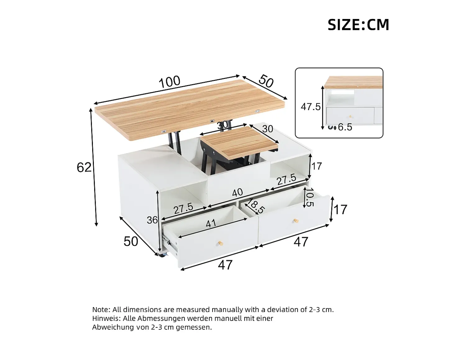 Mesa De Centro|ModernLuxe Mesa de centro 100×50×47.5 cm - com função dobrável - 4 gavetas - com rodinhas giratórias - branco + natural Natural claro / Branco