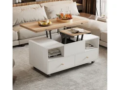 Mesa De Centro|ModernLuxe Mesa de centro 100×50×47.5 cm - com função dobrável - 4 gavetas - com rodinhas giratórias - branco + natural Natural claro / Branco