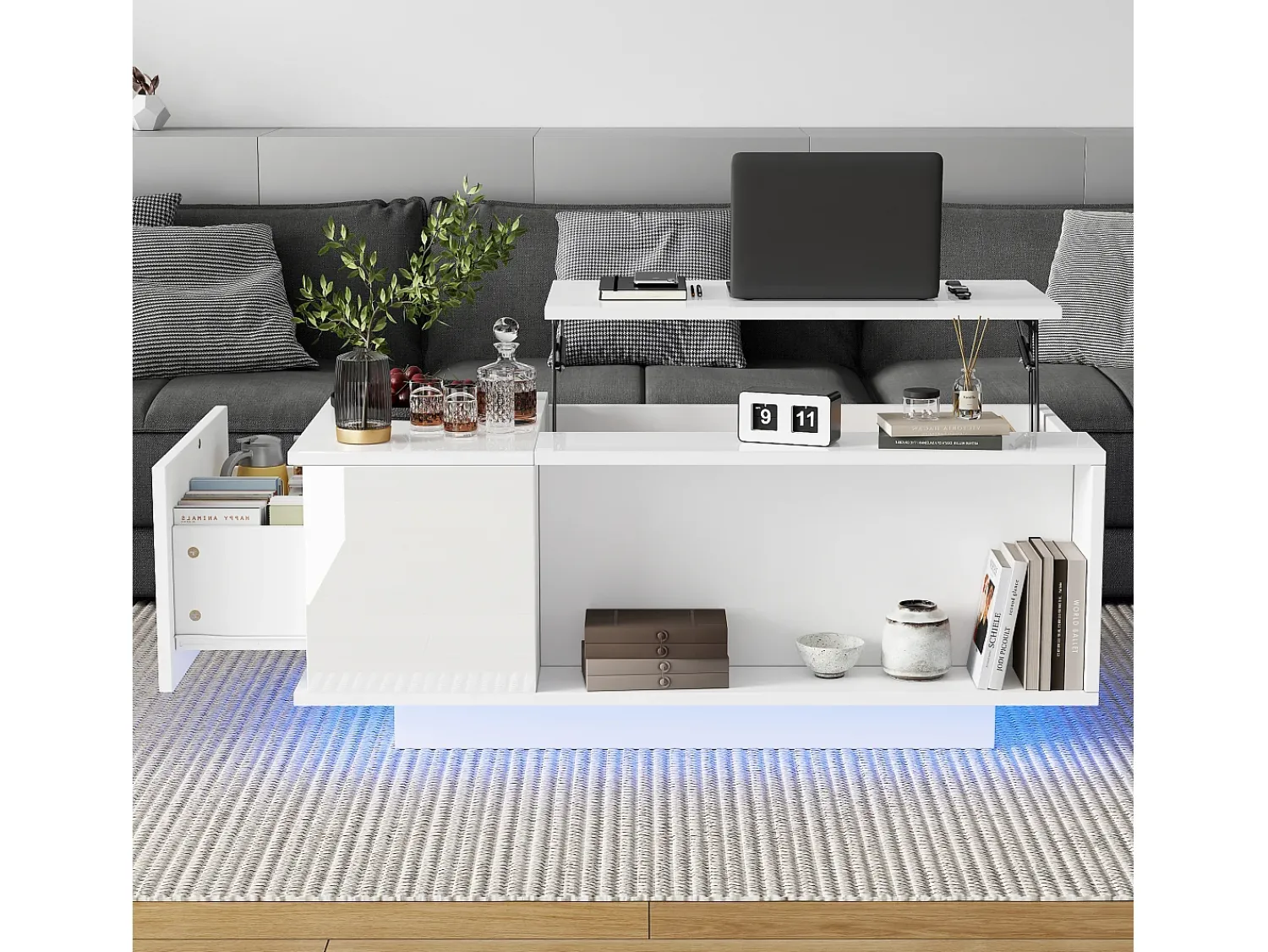Mesa De Centro|ModernLuxe Mesa de centro 100×50×40 cm - com iluminação LED - 1 gaveta - com tampo ajustável - Branco