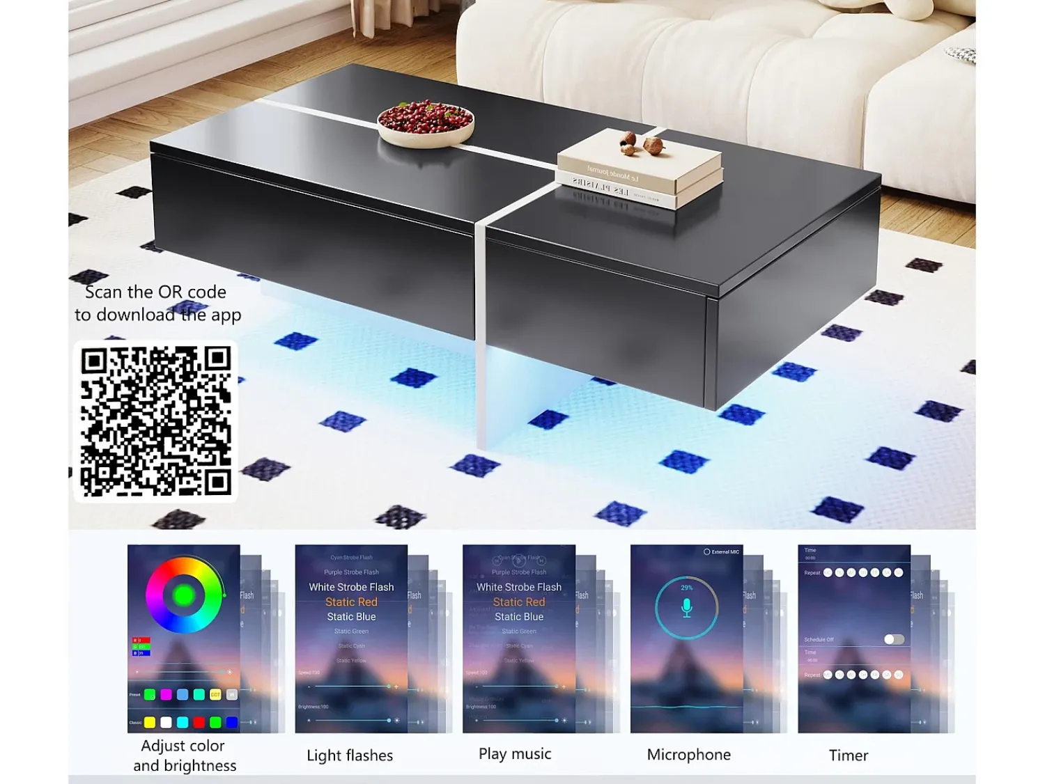 Mesa De Centro*ModernLuxe Mesa de centro - com sistema de iluminação LED controlado por aplicação - Preto