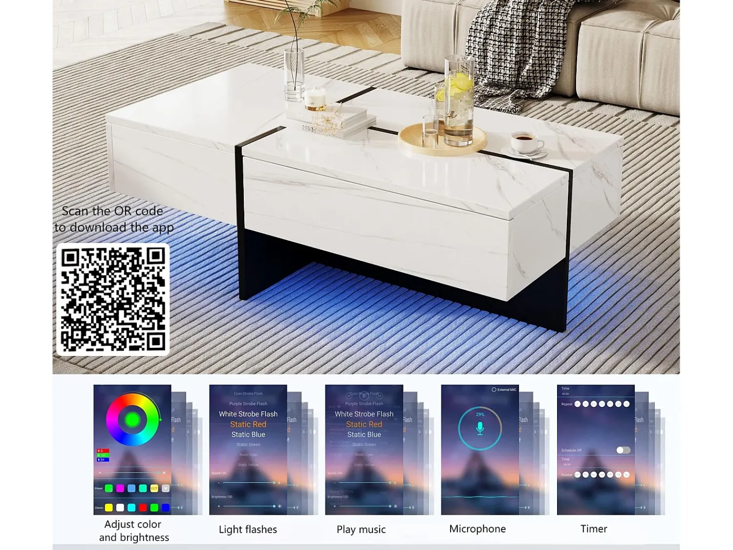 ModernLuxe Mesa de centro - com sistema de iluminação LED controlado por aplicação - Branca^ Mesa De Centro